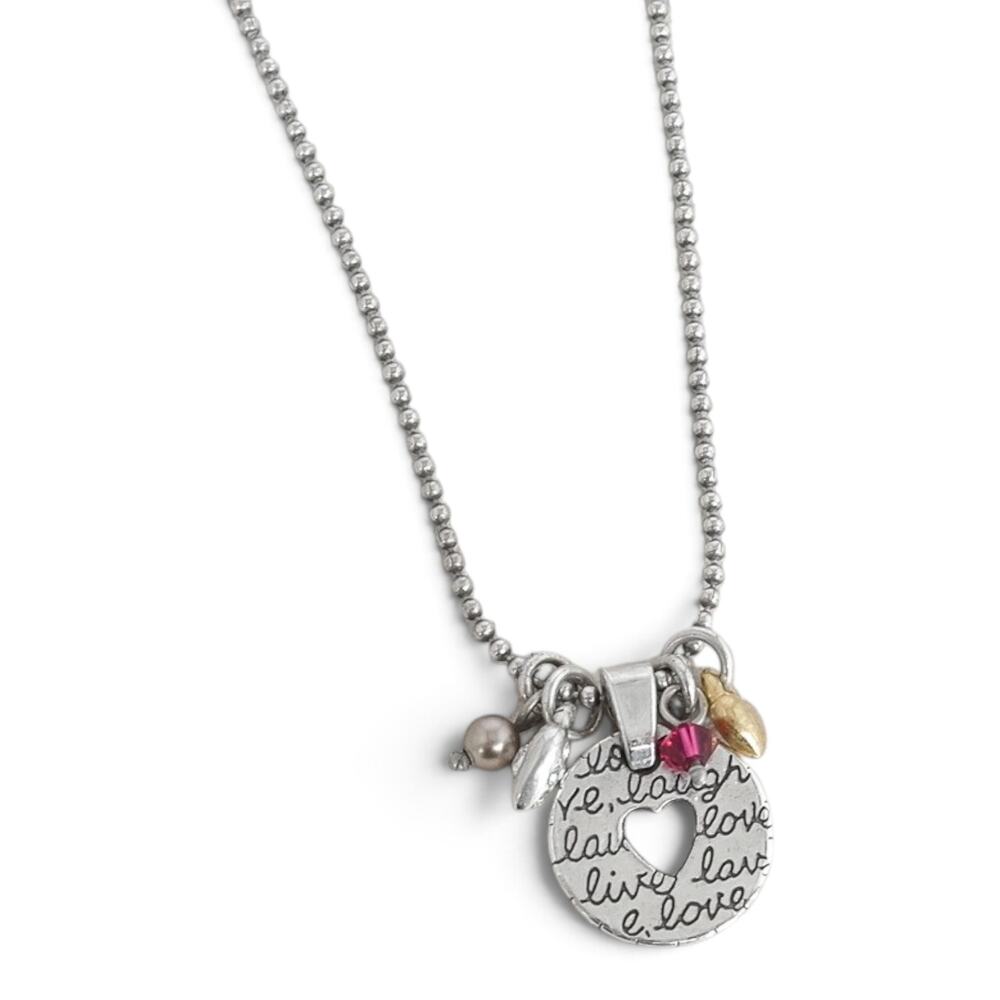 Brighton Retired Live Laugh Love Red Crystal Charm Necklace Silver Tone 16-18"